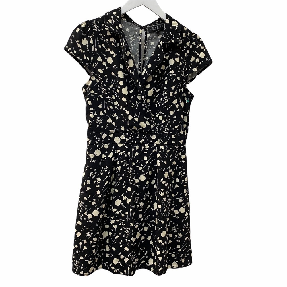 Trixxi Dress S/M Floral Black Ivory Rayon Mini Retro Short Sleeve Womens